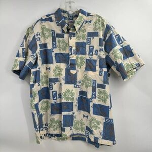 Vintage Reyn Spooner Polo Hawaiian Style Floral White Blue Shirt Mens XL